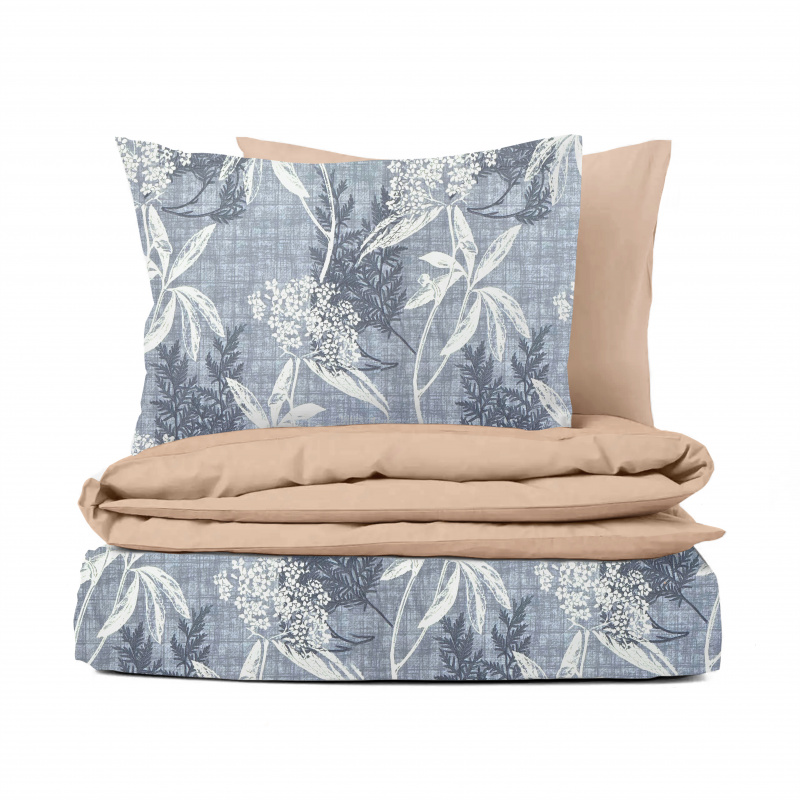 Ervi bavlněné povlečení oboustranné - modré a bílé listy na modrém/béžové