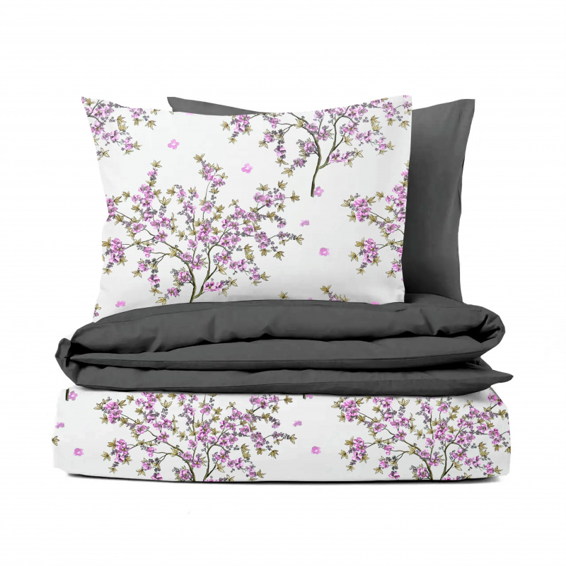 Ervi bavlněné povlečení oboustranné - kvetoucí růžový strom/tmavě šedé