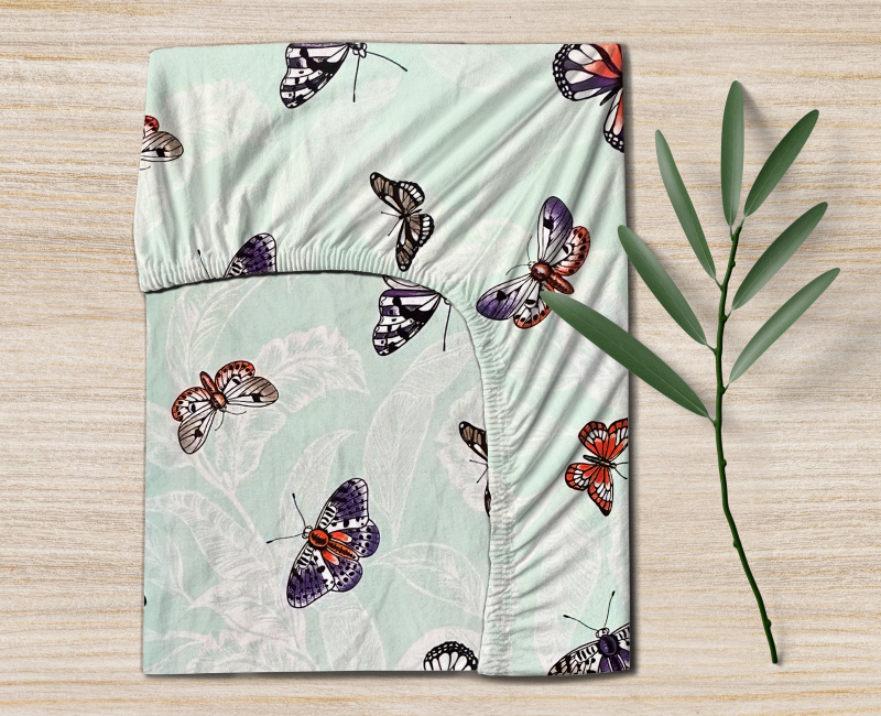 Ervi bavlněné napínací prostěradlo - motýli na tyrkysovém