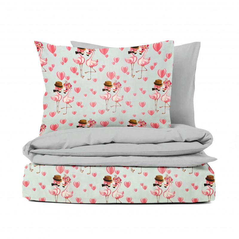 Ervi bavlněné povlečení oboustranné - zamilovaní plameňáci/světle šedé