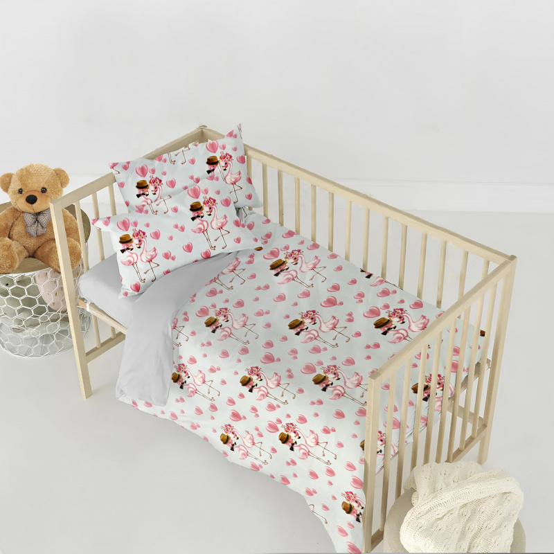 Ervi bavlněné povlečení do postýlky DUO - zamilovaní plameňáci/světlé šedé