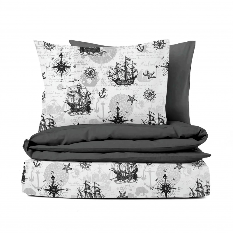 Ervi bavlněné povlečení oboustranné - Mořská dobrodružství šedé/tmavě šedé