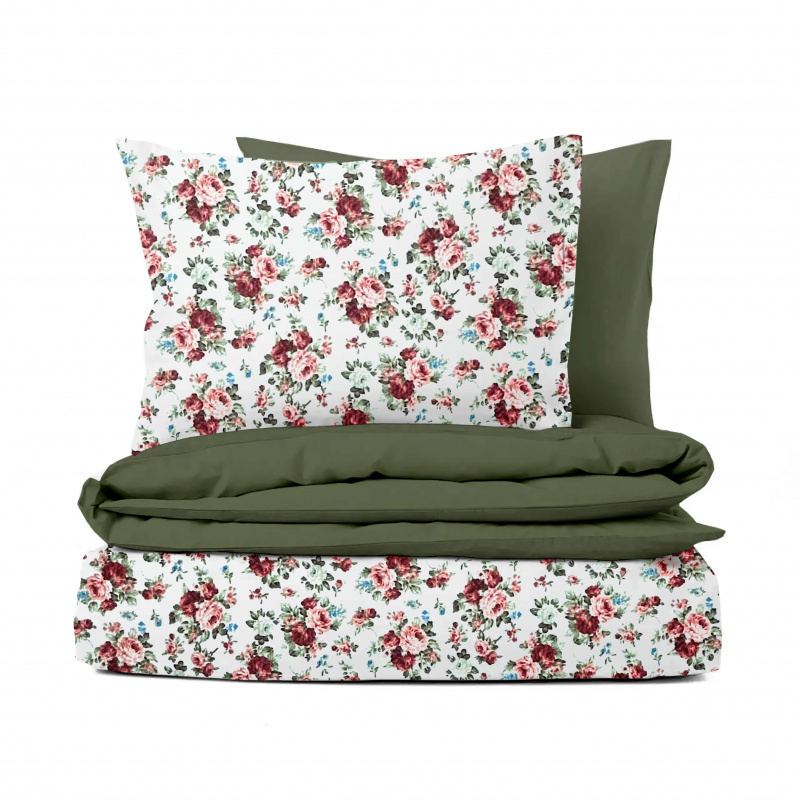 Ervi bavlněné povlečení oboustranné - růžičky na bílém 10786/olivové