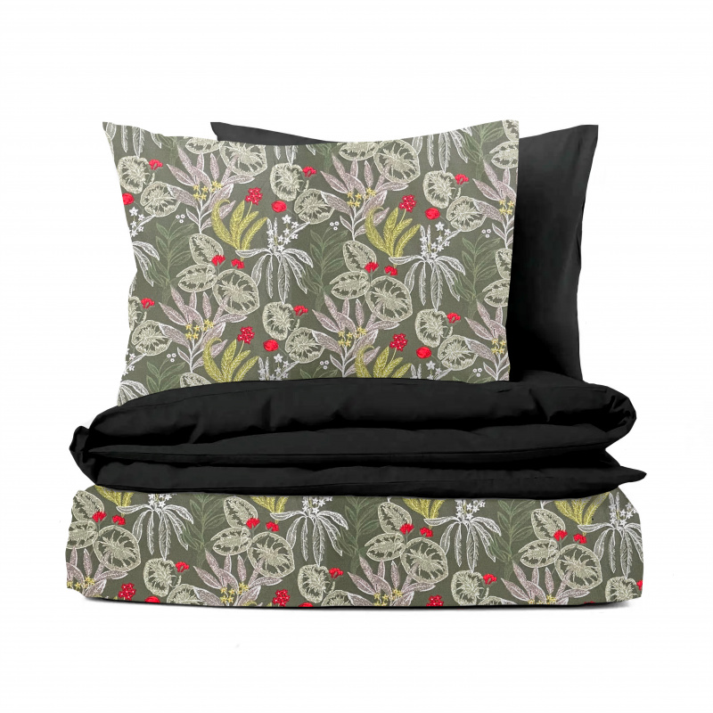 Ervi bavlněné povlečení oboustranné - rostliny na olivovém/černé