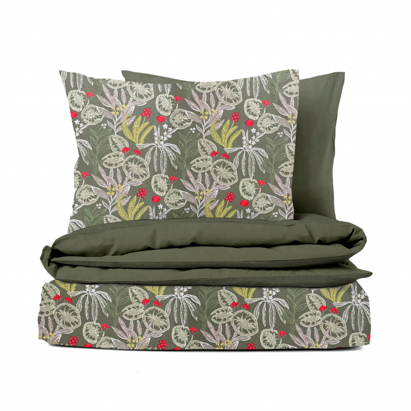 Ervi bavlněné povlečení oboustranné - rostliny na olivovém/olivové