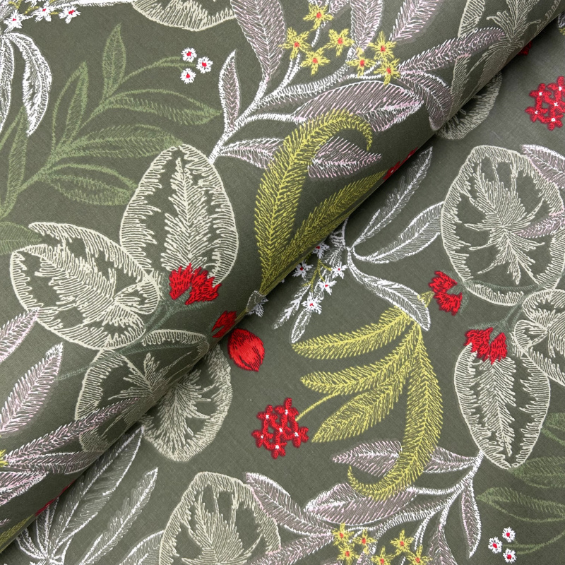 Ervi Bavlněná látka/plátno š.240cm - rostliny na olivovém 9721-1, metráž