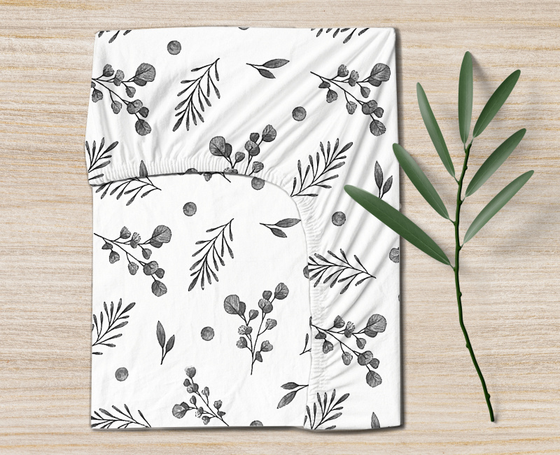 Ervi bavlněné napínací prostěradlo - eukalyptové šedý lístky