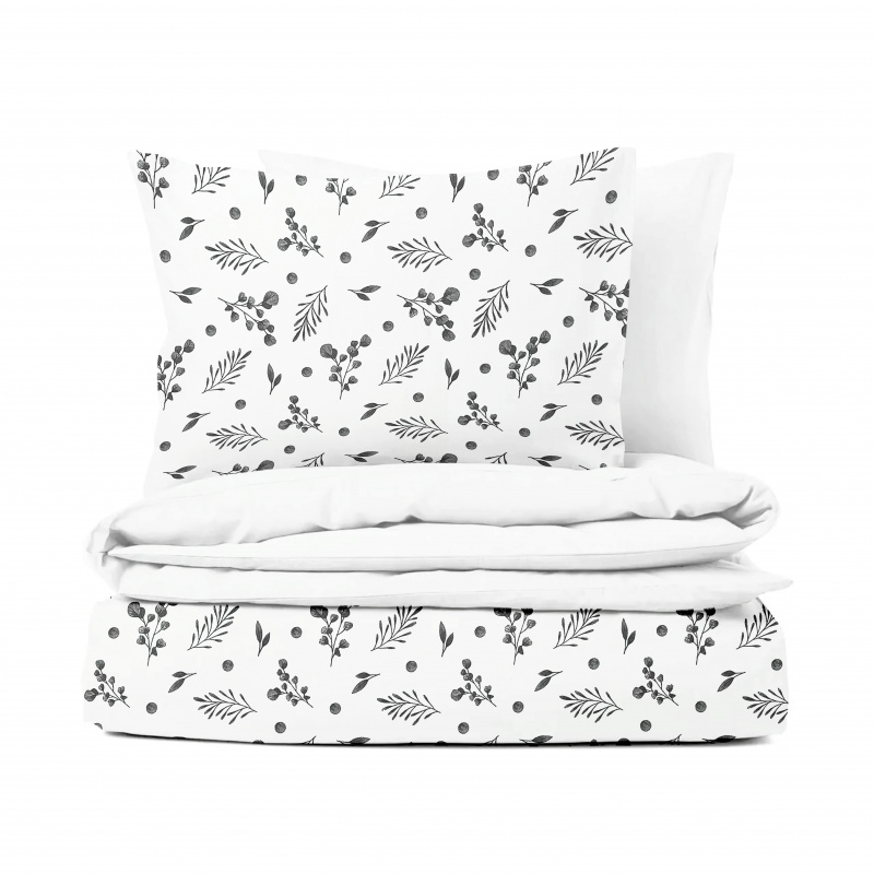 Ervi bavlněné povlečení oboustranné - eukalyptové šedý lístky/bílé