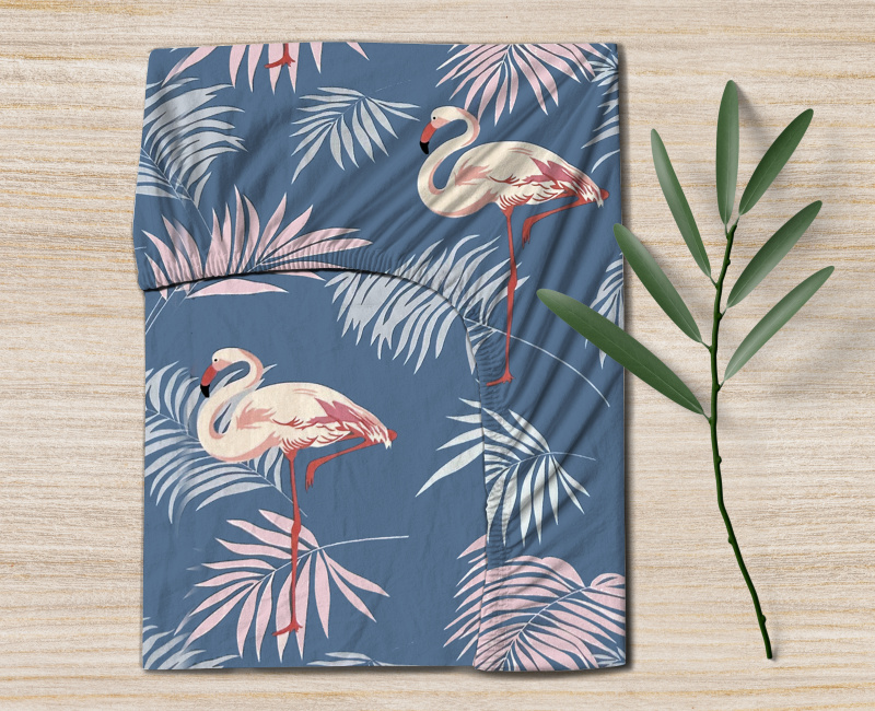 Ervi bavlněné napínací prostěradlo - Plameňáci na modrém