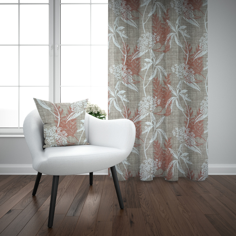 Ervi Bavlněný závěs - oranžové a bílé listy na hnědém