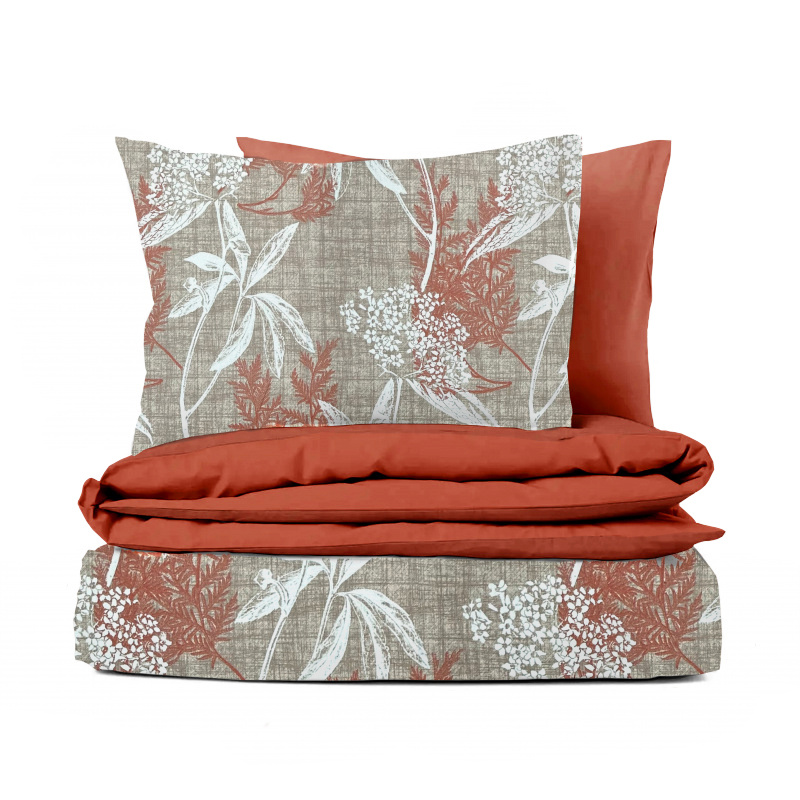 Ervi Bavlněné povlečení oboustranné - oranžové a bílé listy na hnědém/cíhlové