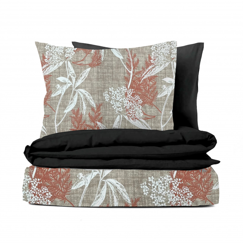 Ervi Bavlněné povlečení oboustranné - oranžové a bílé listy na hnědém/černé