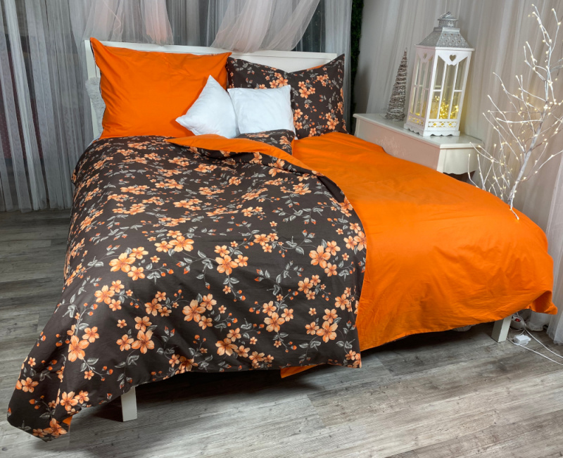 #Ervi bavlněné povlečení oboustranné - květy na hnědém/oranžové 140x200 cm
