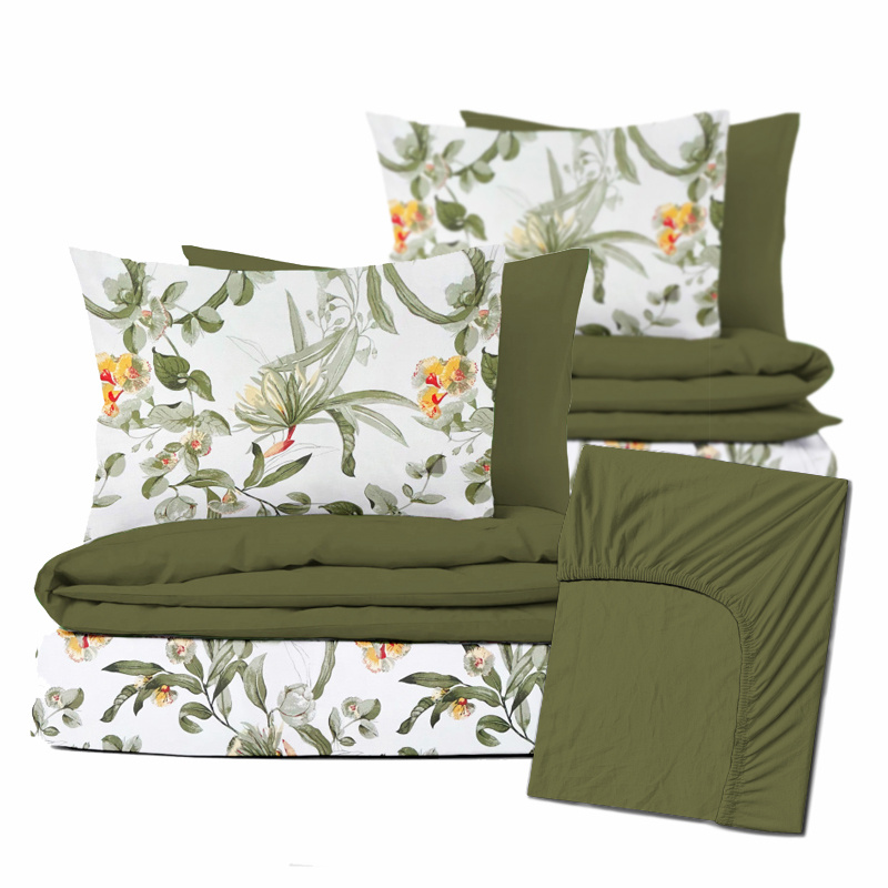 Ervi Zvýhodněná Sada Bavlněného DUO povlečení s Prostěradlem  - kvetoucí eukalyptus zelený/olivové