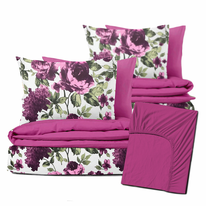 Ervi Zvýhodněná Sada Bavlněného DUO povlečení s Prostěradlem  - fialové hortenzie a pivoňky/fuchsia