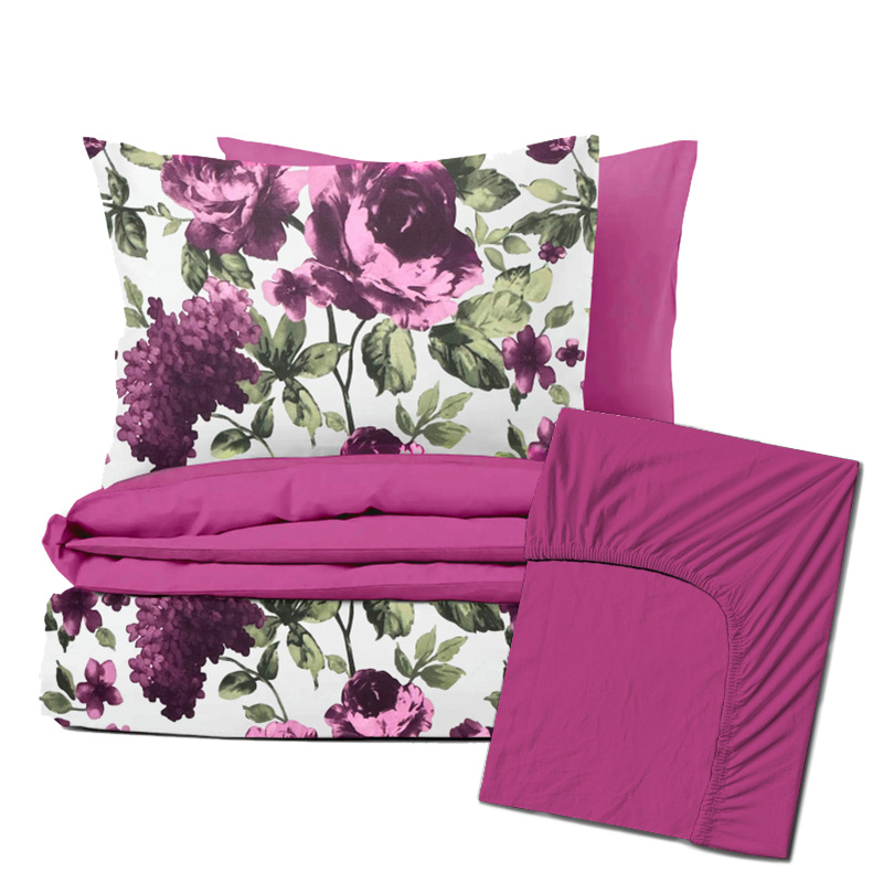 Ervi Zvýhodněná Sada Bavlněného DUO povlečení s Prostěradlem  - fialové hortenzie a pivoňky/fuchsia