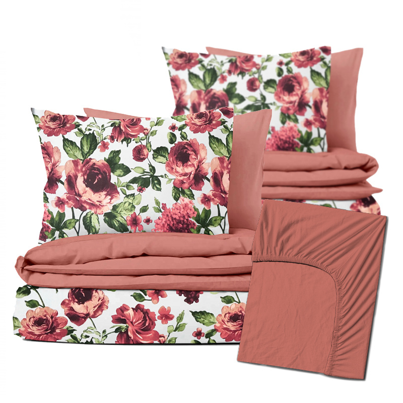 Ervi Zvýhodněná Sada Bavlněného DUO povlečení s Prostěradlem  - hortenzie a pivoňky/korálové