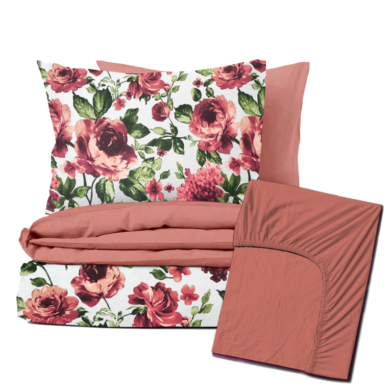 Ervi Zvýhodněná Sada Bavlněného DUO povlečení s Prostěradlem  - hortenzie a pivoňky/korálové
