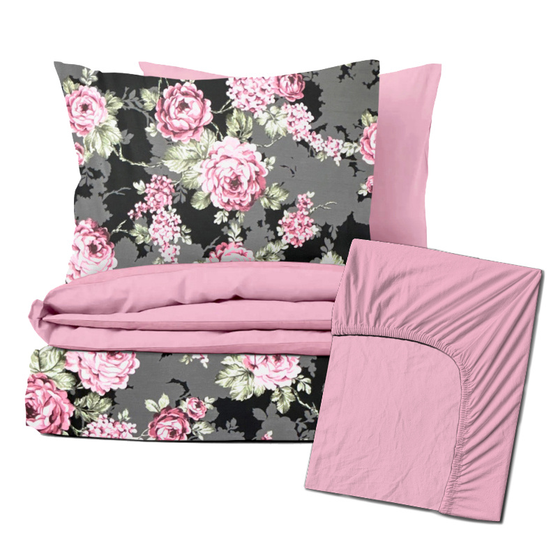 Ervi Zvýhodněná Sada Bavlněného DUO povlečení s Prostěradlem - Květy na černém/růžové