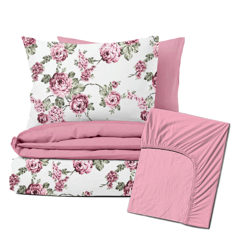 Ervi Zvýhodněná Sada Bavlněného DUO povlečení s Prostěradlem - růžové květy na bílém/růžové