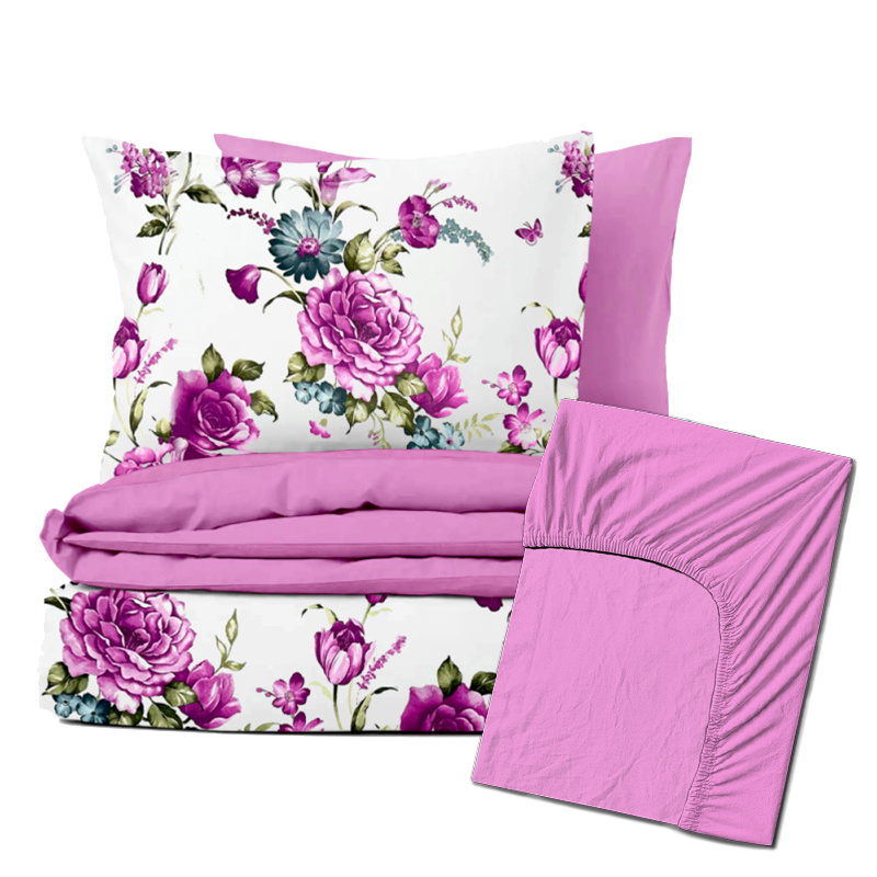 Ervi Zvýhodněná Sada Bavlněného DUO povlečení s Prostěradlem  - Fialové květy/růžové