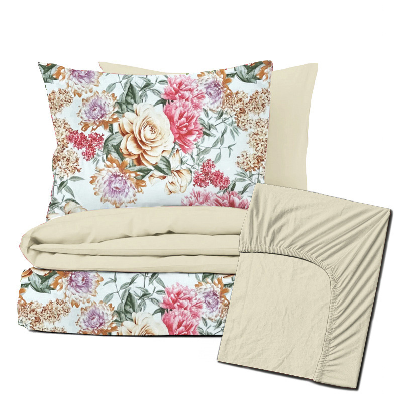 Ervi Zvýhodněná Sada Bavlněného DUO povlečení s Prostěradlem  - Květinová zahrada/béžové
