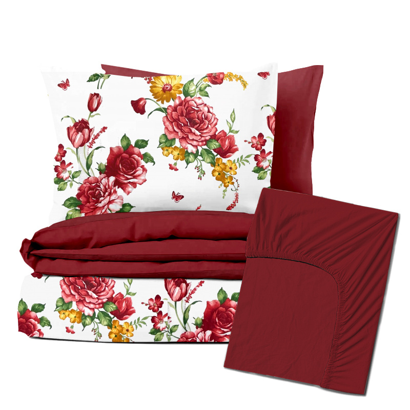 Ervi Zvýhodněná Sada Bavlněného DUO povlečení s Prostěradlem  - Červené a žluté květy/bordo