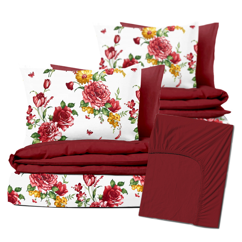 Ervi Zvýhodněná Sada Bavlněného DUO povlečení s Prostěradlem  - Červené a žluté květy/bordo