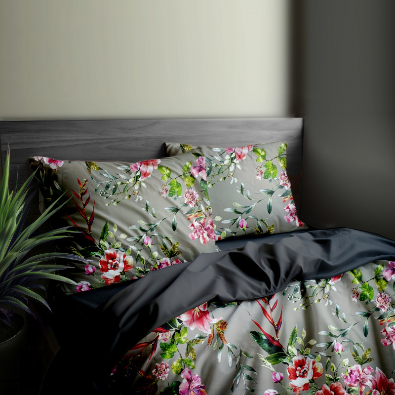 #Ervi Bavlněné Saténové povlečení DELUXE DUO - malované kvítí s lístky/šedé 140x200 cm
