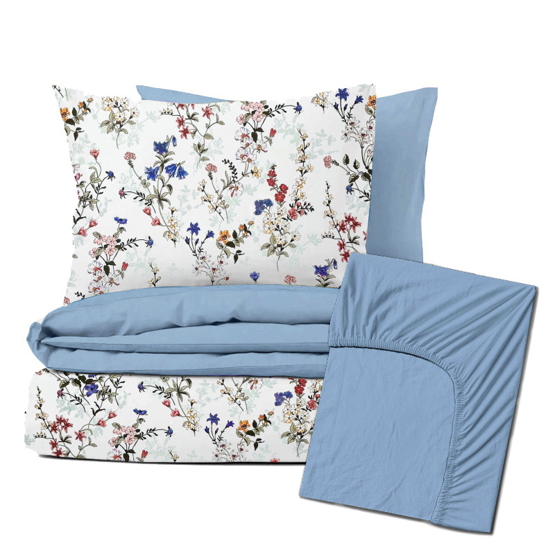 Ervi Zvýhodněná Sada Bavlněného DUO povlečení s Prostěradlem - malované luční květiny na bílém 2/modré