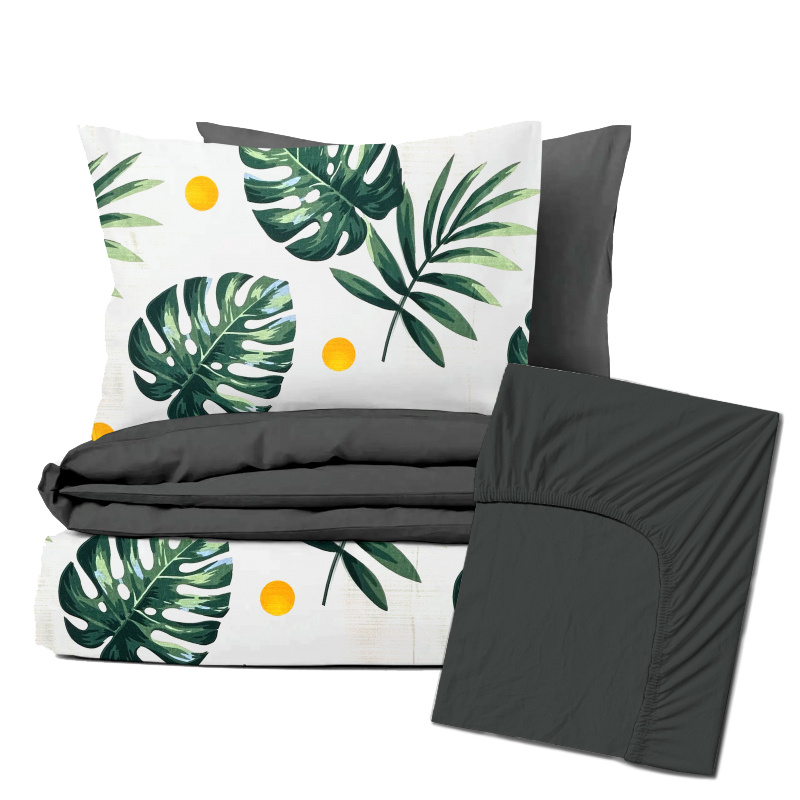 Ervi Zvýhodněná Sada Bavlněného DUO povlečení s Prostěradlem  - listy monstery/tmavě šedé