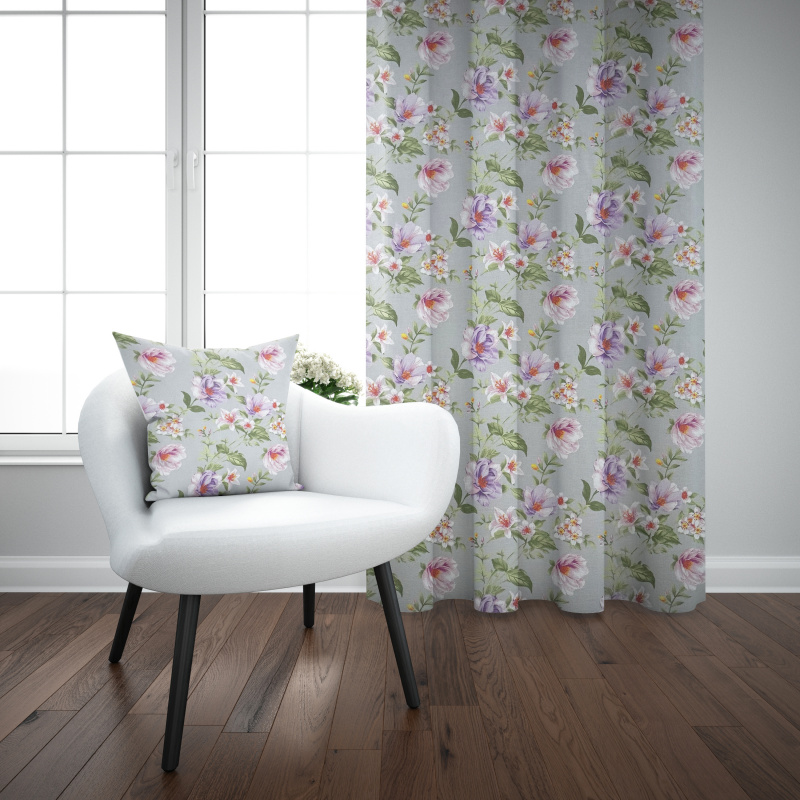 Ervi Bavlněný závěs - Magnolia a lilia na šedém