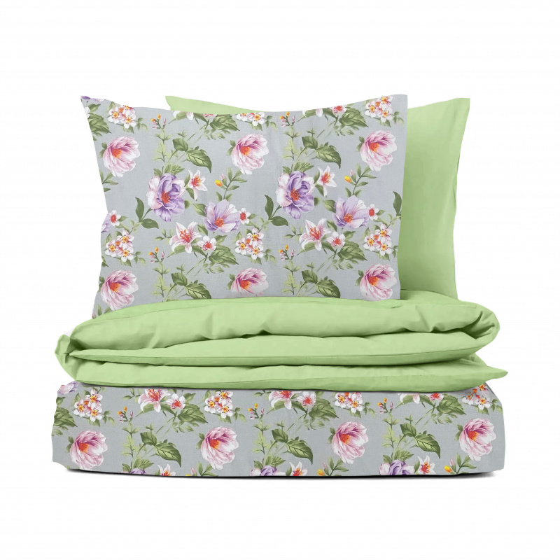 Ervi Bavlněné povlečení oboustranné - Magnolia a lilia na šedém/světle zelené