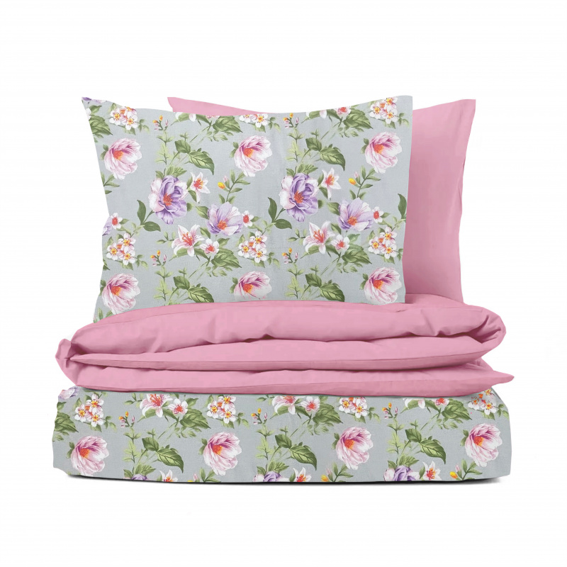Ervi Bavlněné povlečení oboustranné - Magnolia a lilia na šedém/růžové