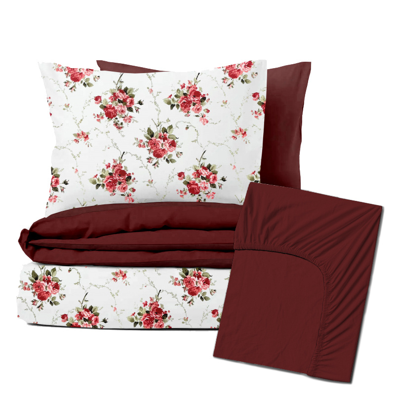 Ervi Sada Bavlněného DUO povlečení s Prostěradlem  - červené růže/bordo