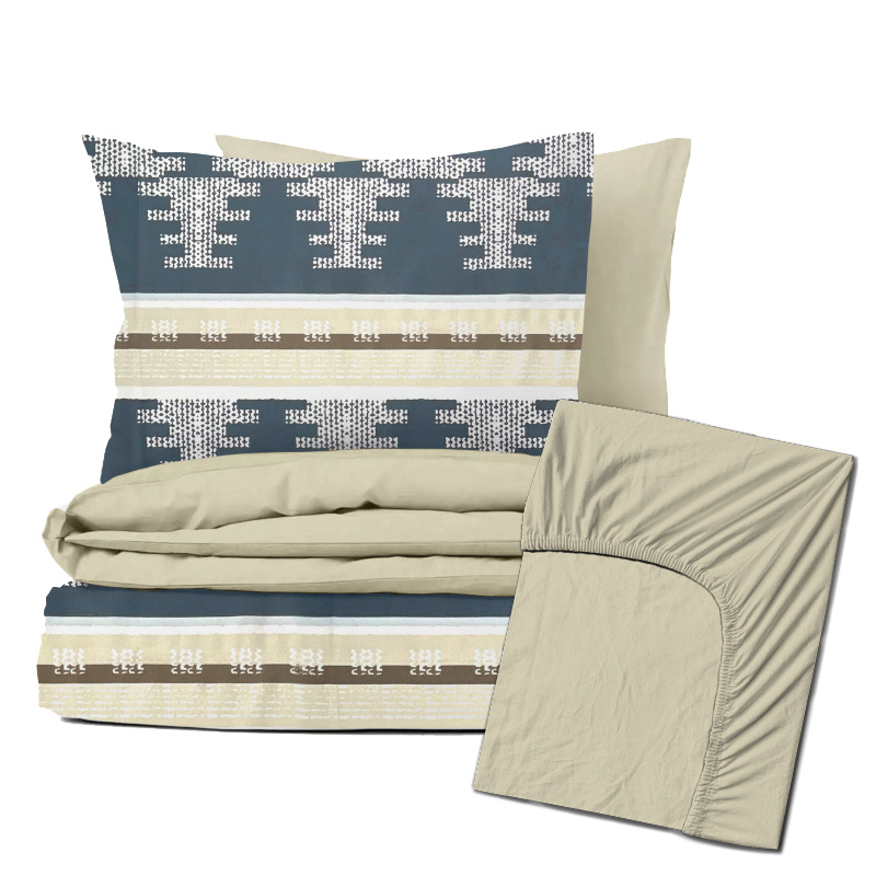 Ervi Zvýhodněná Sada Bavlněného DUO povlečení s Prostěradlem  - Nordic modrý/béžové