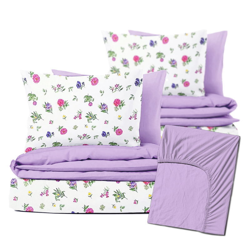 Ervi Zvýhodněná Sada Bavlněného DUO povlečení s Prostěradlem - růžové jetele/světle fialové