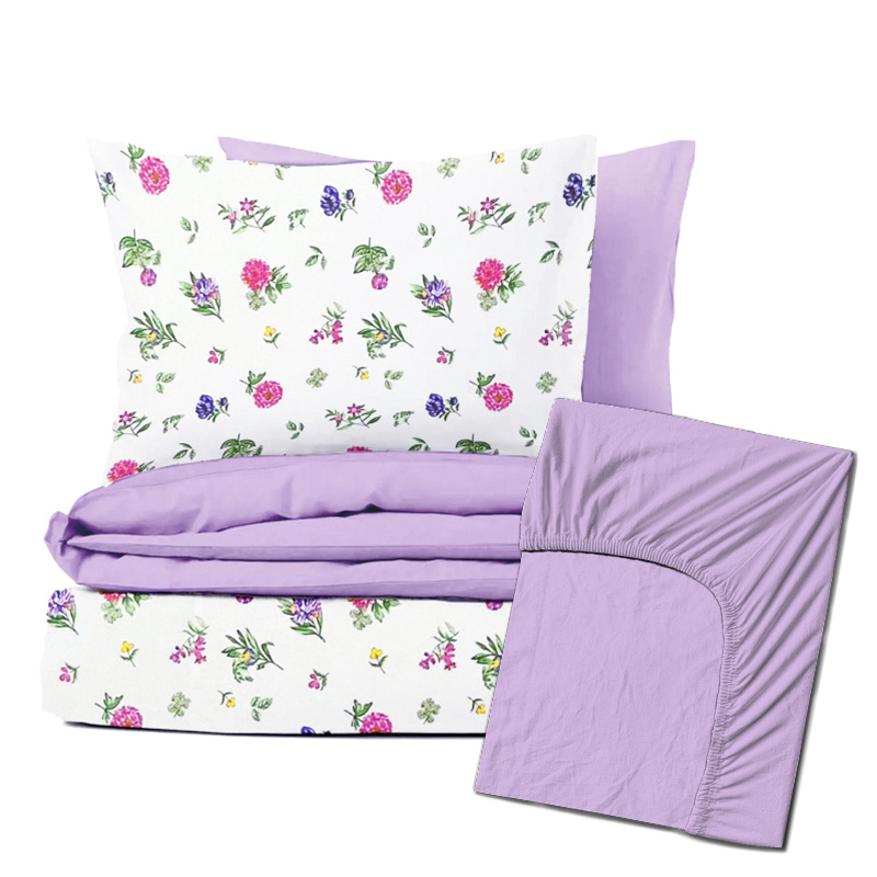 Ervi Zvýhodněná Sada Bavlněného DUO povlečení s Prostěradlem - růžové jetele/světle fialové