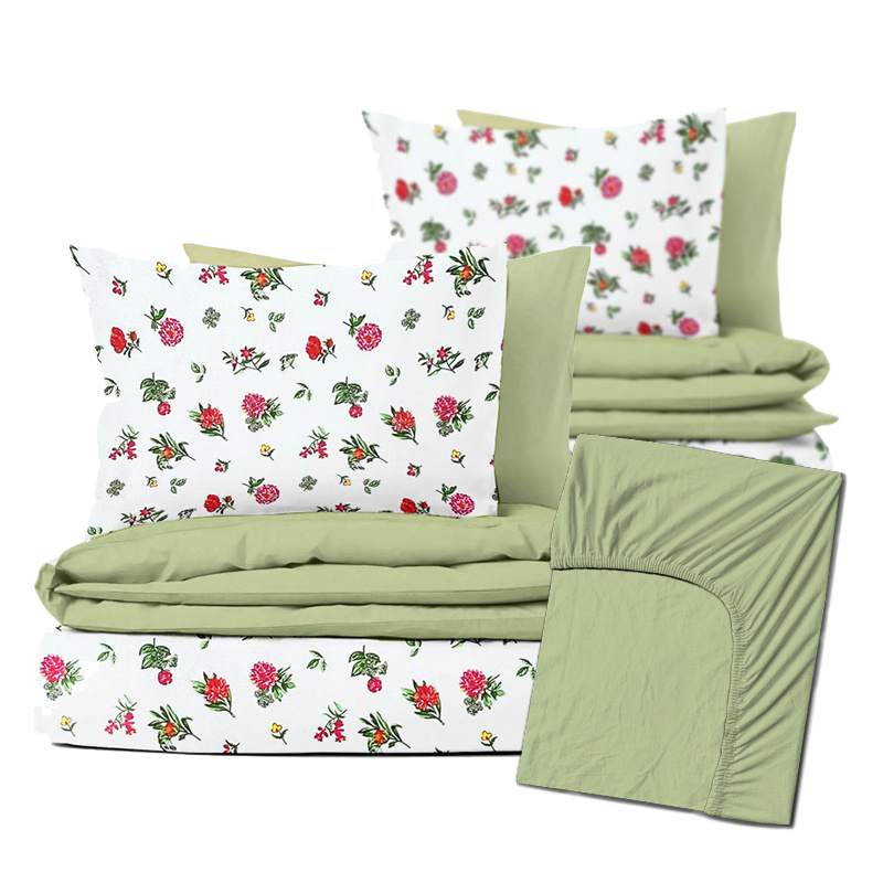 Ervi Zvýhodněná Sada Bavlněného DUO povlečení s Prostěradlem - Jetele na bílém/světle olivové