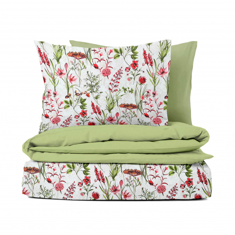 Ervi Bavlněné povlečení oboustranné - letní louka/světle olivové