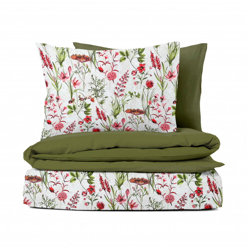 Ervi Bavlněné povlečení oboustranné - letní louka/olivové