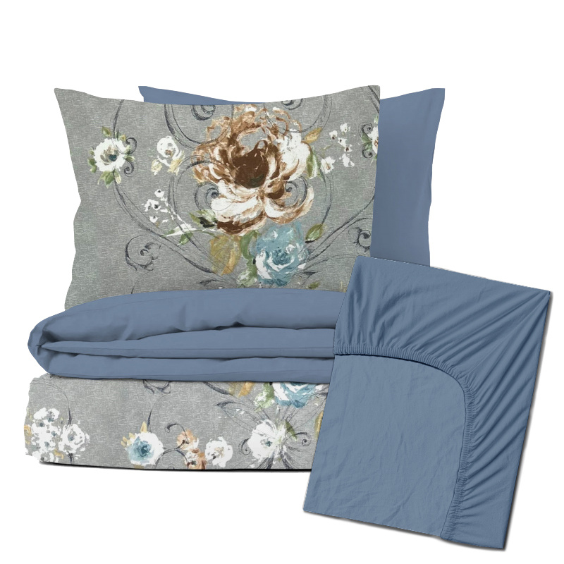 Ervi Zvýhodněná Sada Bavlněného DUO povlečení s Prostěradlem - Akvarel růže/modré