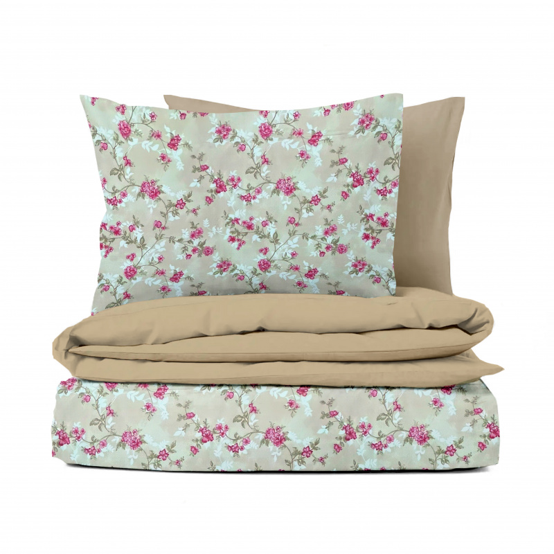 Ervi Bavlněné povlečení oboustranné - romantické růže/světle hnědé