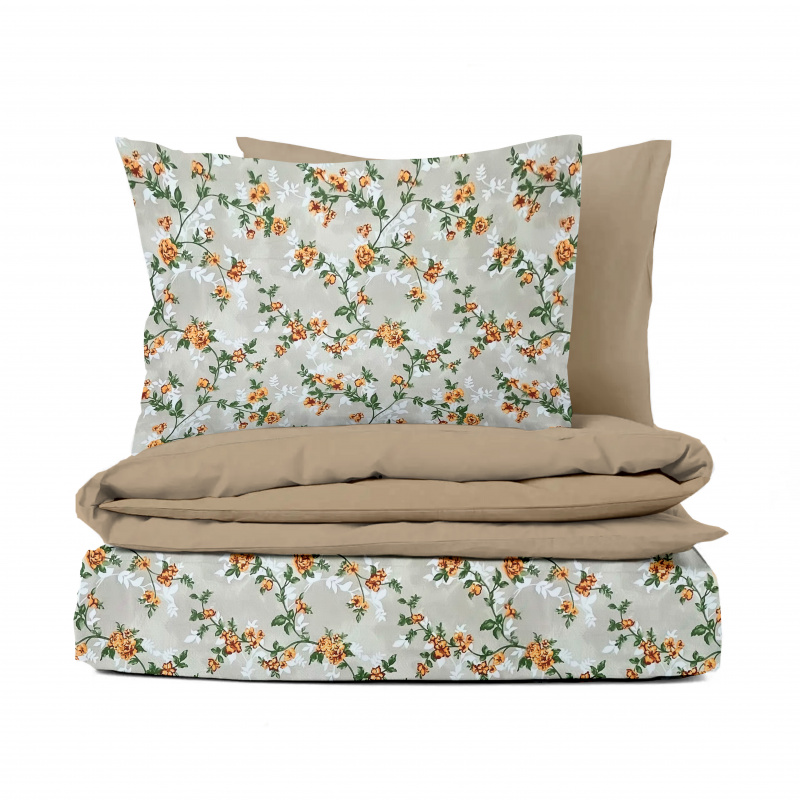 Ervi Bavlněné povlečení oboustranné - romantické růže na béžovém/světle hnědé