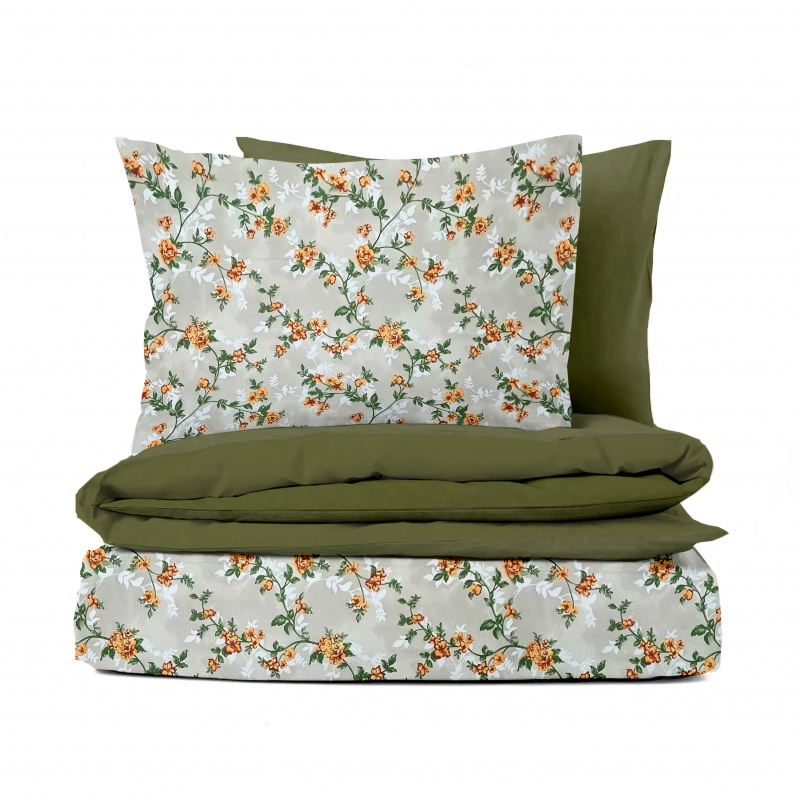 Ervi Bavlněné povlečení oboustranné - romantické růže na béžovém/olivové