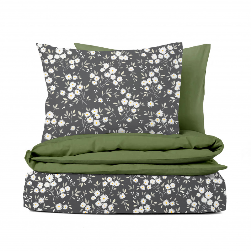 Ervi Bavlněné povlečení oboustranné - kytice sedmikrásek/olivové