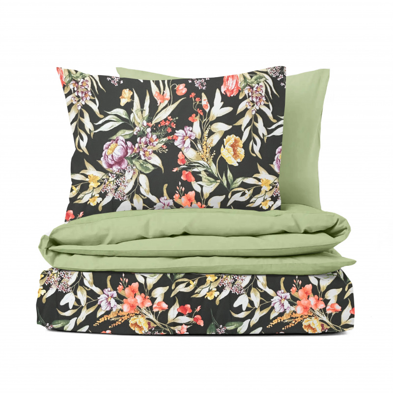 Ervi Bavlněné povlečení oboustranné - Květinová elegance/světle olivové