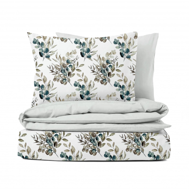 Ervi Bavlněné povlečení oboustranné - eukalyptové větvičky/světle šedé