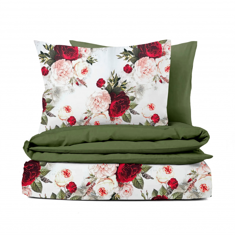 Ervi Bavlněné Saténové povlečení DELUXE DUO - Zahrada snů/olivové