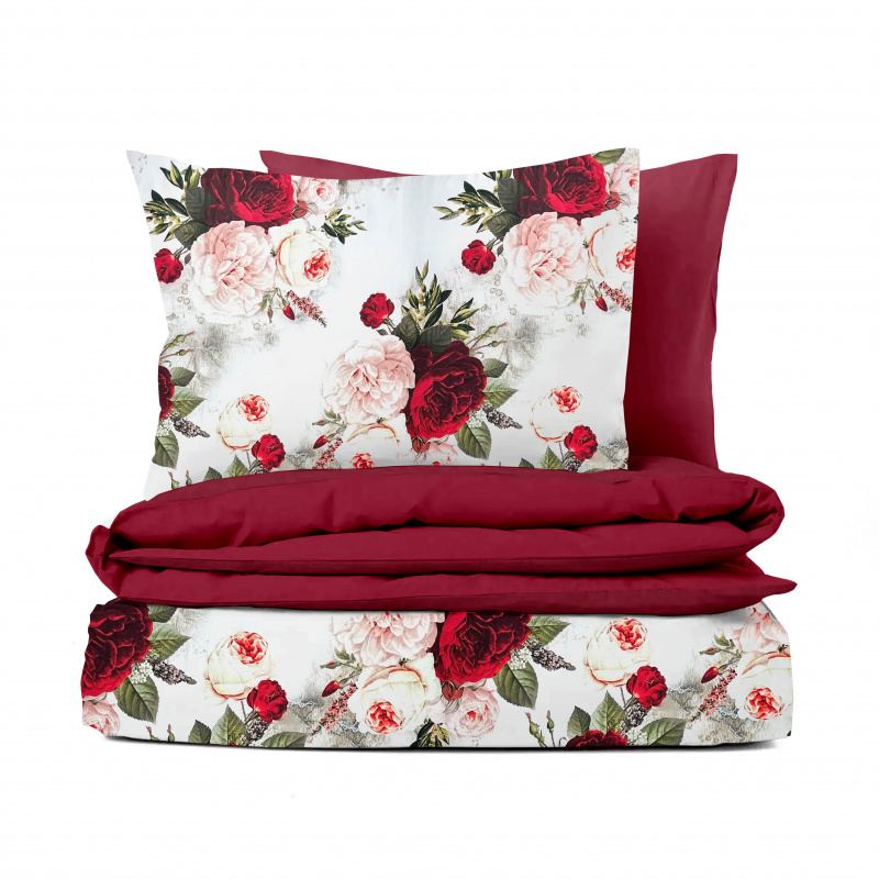 Ervi Bavlněné Saténové povlečení DELUXE DUO - Zahrada snů/bordo